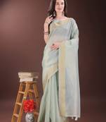sky blue color orgenza zari border saree with blouse