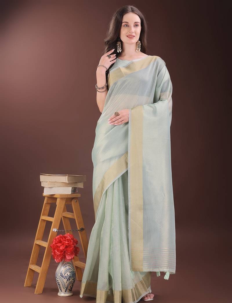 sky blue color orgenza zari border saree with blouse