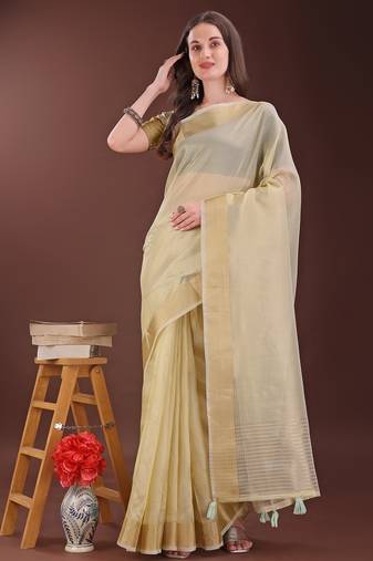 light yellow color orgenza zari border saree with blouse