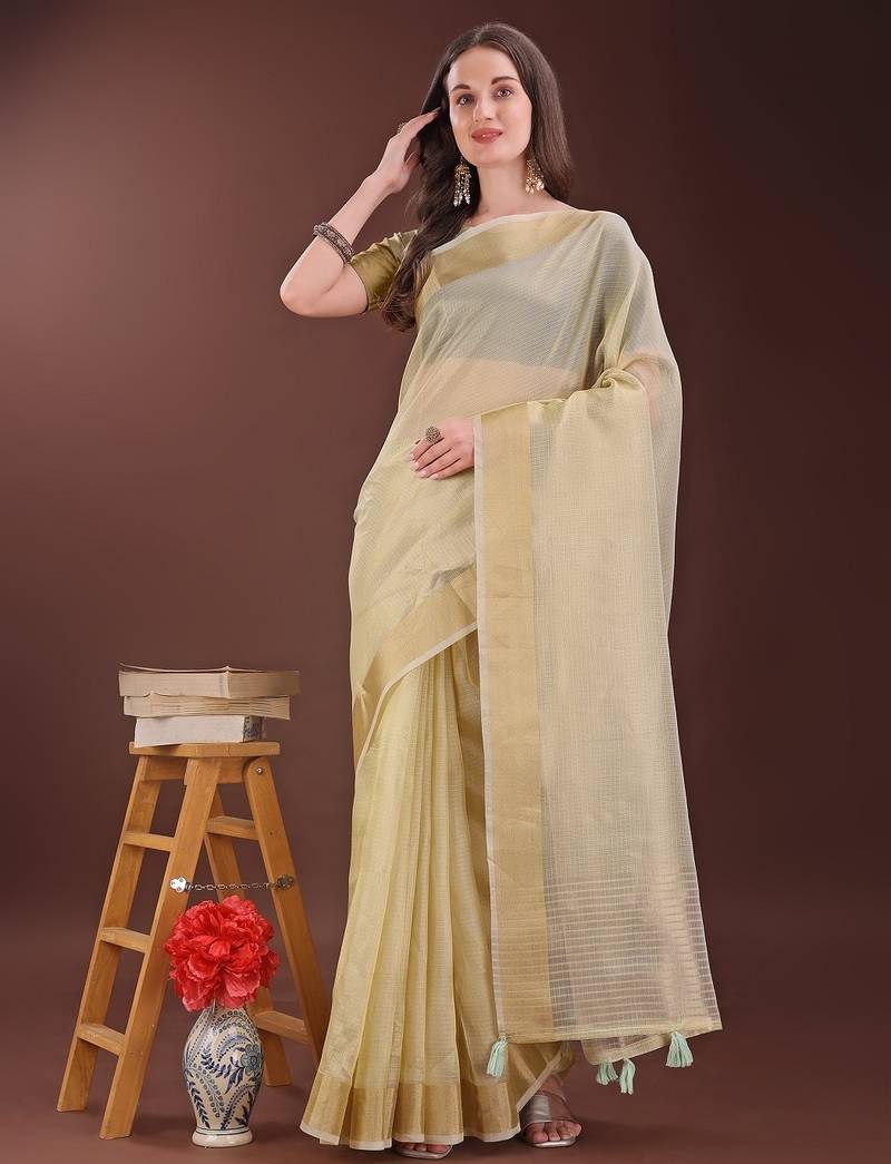 light yellow color orgenza zari border saree with blouse