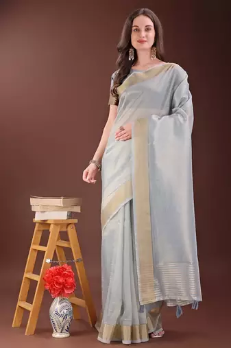 grey color orgenza zari border saree with blouse
