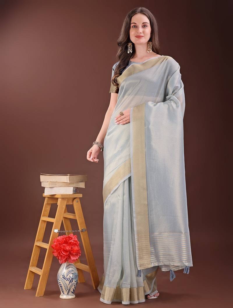 grey color orgenza zari border saree with blouse