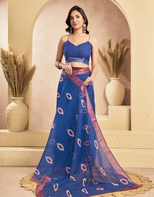 Digital printed linen ready to wear pocket saree with unstitched blouse 6
