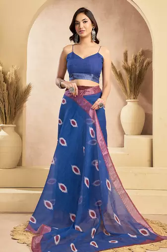 Digital printed linen ready to wear pocket saree with unstitched blouse