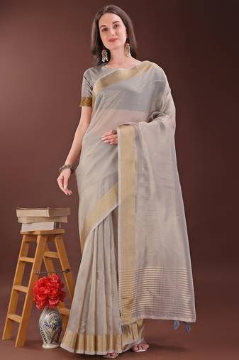 Grey color orgenza zari border saree with blouse