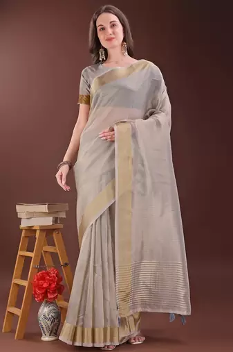 Grey color orgenza zari border saree with blouse