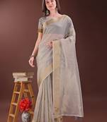 Grey color orgenza zari border saree with blouse
