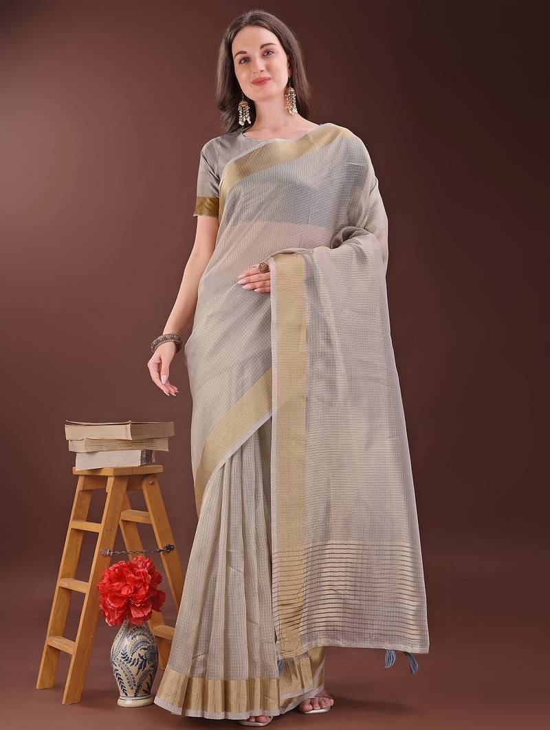 Grey color orgenza zari border saree with blouse