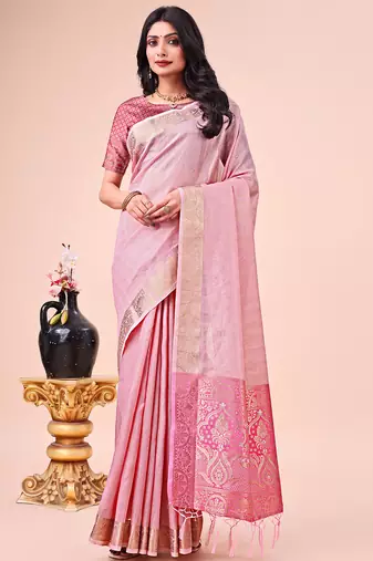 pink color orgenza zari woven saree with blouse