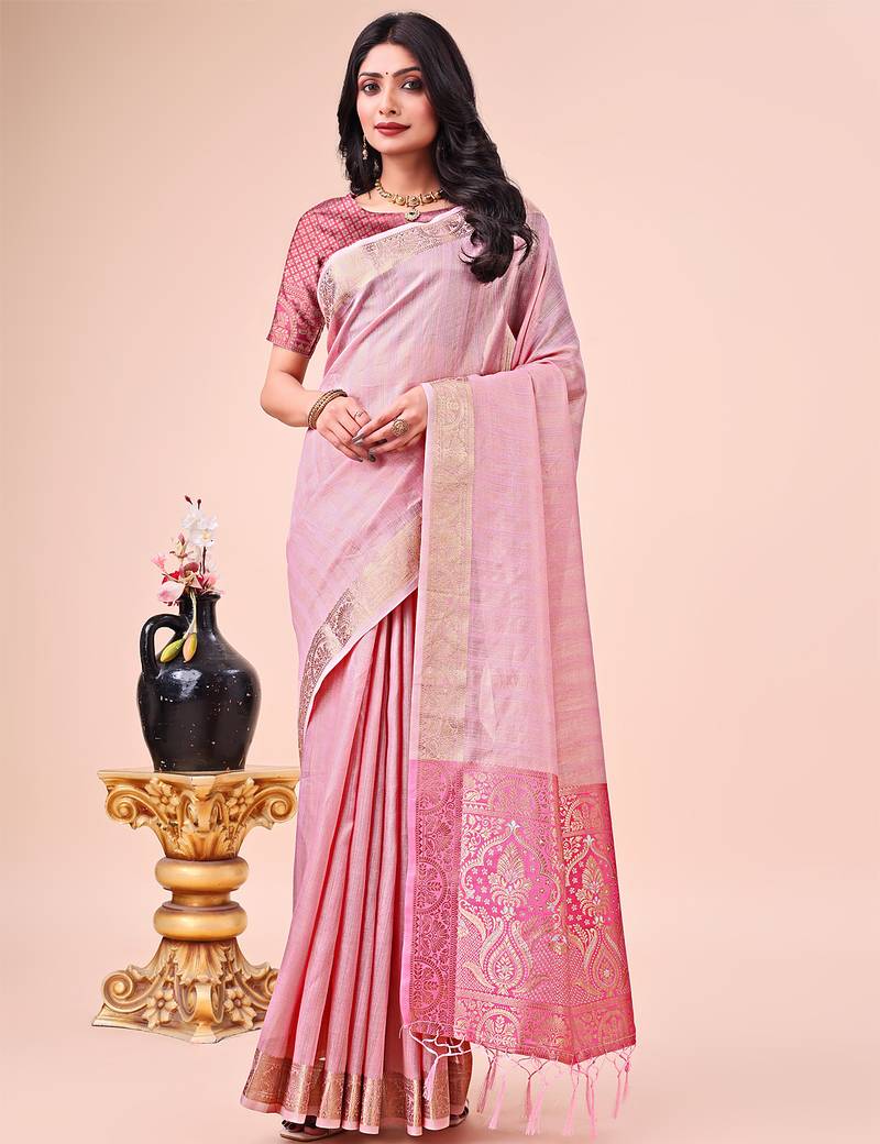 pink color orgenza zari woven saree with blouse
