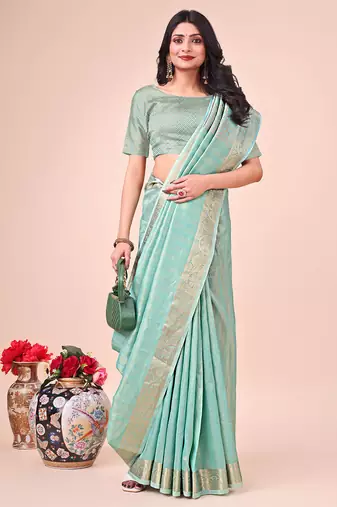 teal color orgenza zari woven saree with blouse