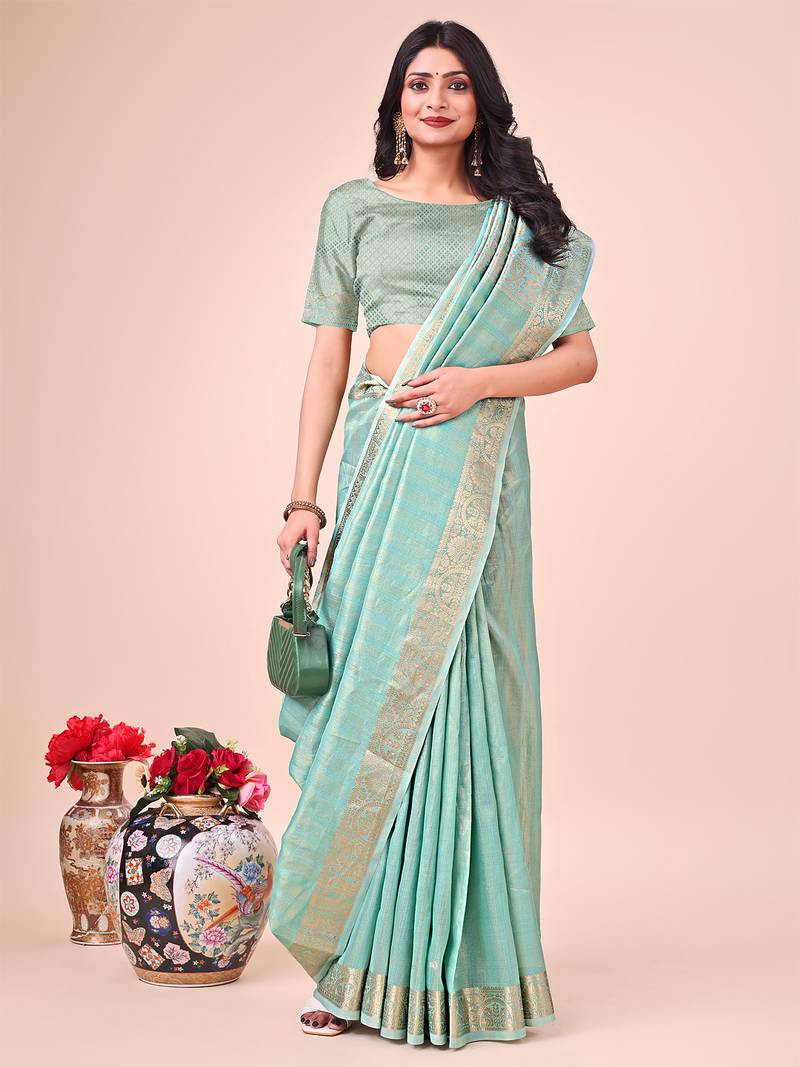 teal color orgenza zari woven saree with blouse