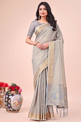 grey color orgenza zari woven saree with blouse