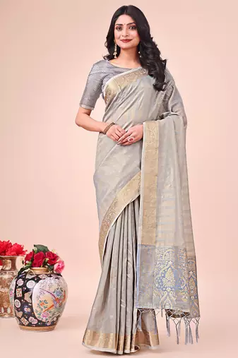 grey color orgenza zari woven saree with blouse