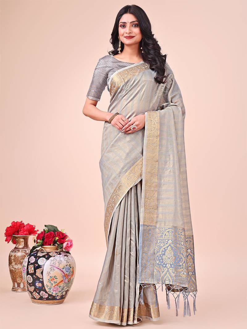 grey color orgenza zari woven saree with blouse