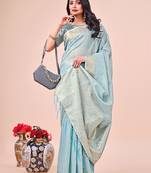 sky blue color orgenza zari woven saree with blouse