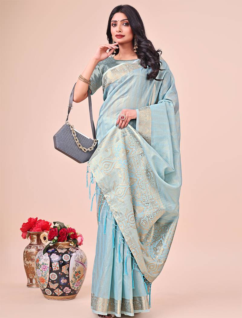 sky blue color orgenza zari woven saree with blouse