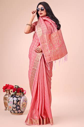 peach color orgenza zari woven saree with blouse