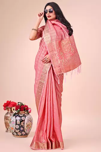peach color orgenza zari woven saree with blouse