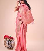 peach color orgenza zari woven saree with blouse