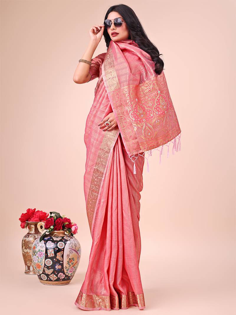 peach color orgenza zari woven saree with blouse