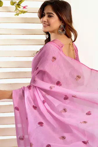 Baby pink digital printed linen ready to wear designer saree with unstitched blouse