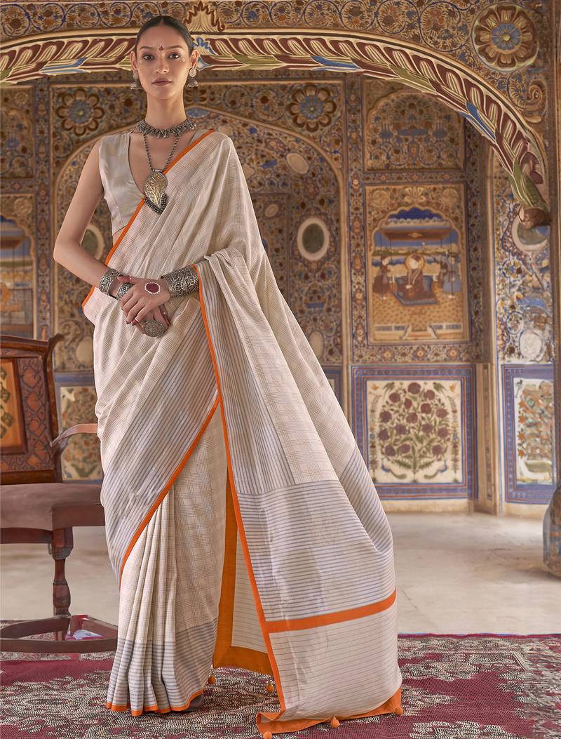 off white poly viscose silk blend checks kanjeevaram zari weaving saree