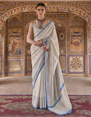 off white poly viscose silk blend checks kanjeevaram zari weaving saree 1