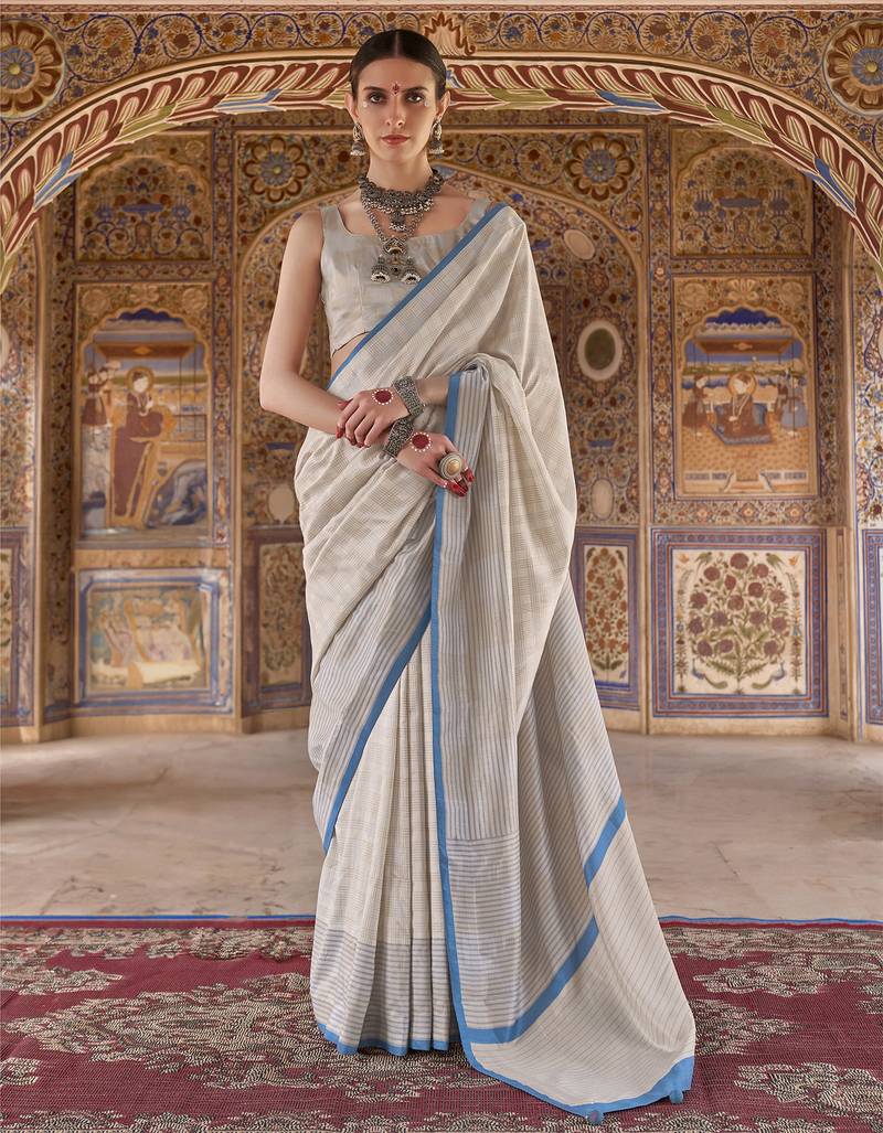 off white poly viscose silk blend checks kanjeevaram zari weaving saree