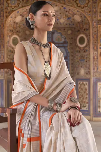 off white poly viscose silk blend checks kanjeevaram zari weaving saree