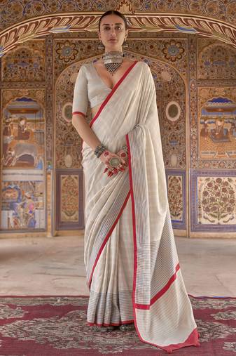 off white poly viscose silk blend checks kanjeevaram zari weaving saree