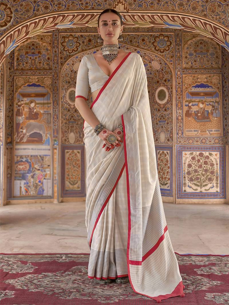 off white poly viscose silk blend checks kanjeevaram zari weaving saree