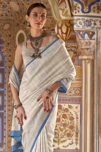 off white poly viscose silk blend checks kanjeevaram zari weaving saree