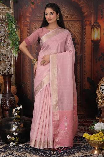 light pink color orgenza zari woven saree with blouse
