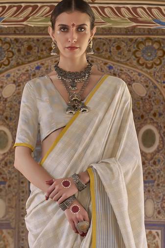 off white poly viscose silk blend checks kanjeevaram zari weaving saree