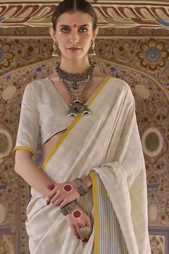 off white poly viscose silk blend checks kanjeevaram zari weaving saree