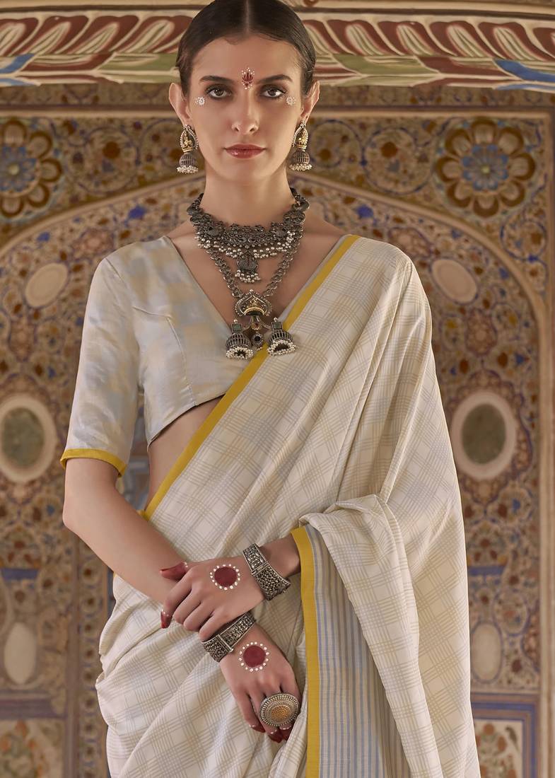 off white poly viscose silk blend checks kanjeevaram zari weaving saree