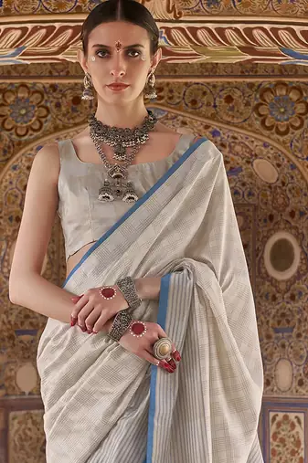 off white poly viscose silk blend checks kanjeevaram zari weaving saree