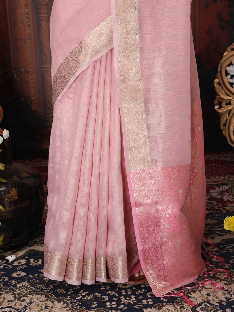 light pink color orgenza zari woven saree with blouse