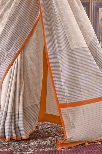 off white poly viscose silk blend checks kanjeevaram zari weaving saree