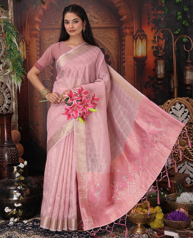 light pink color orgenza zari woven saree with blouse