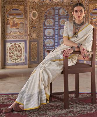 off white poly viscose silk blend checks kanjeevaram zari weaving saree 2