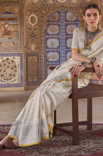 off white poly viscose silk blend checks kanjeevaram zari weaving saree
