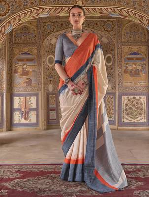 cream poly viscose silk blend stripes kanjeevaram zari weaving saree 1