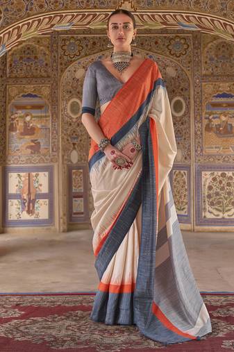 cream poly viscose silk blend stripes kanjeevaram zari weaving saree