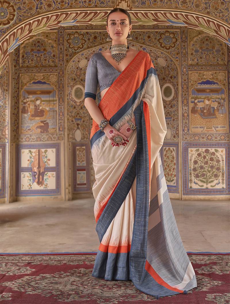 cream poly viscose silk blend stripes kanjeevaram zari weaving saree