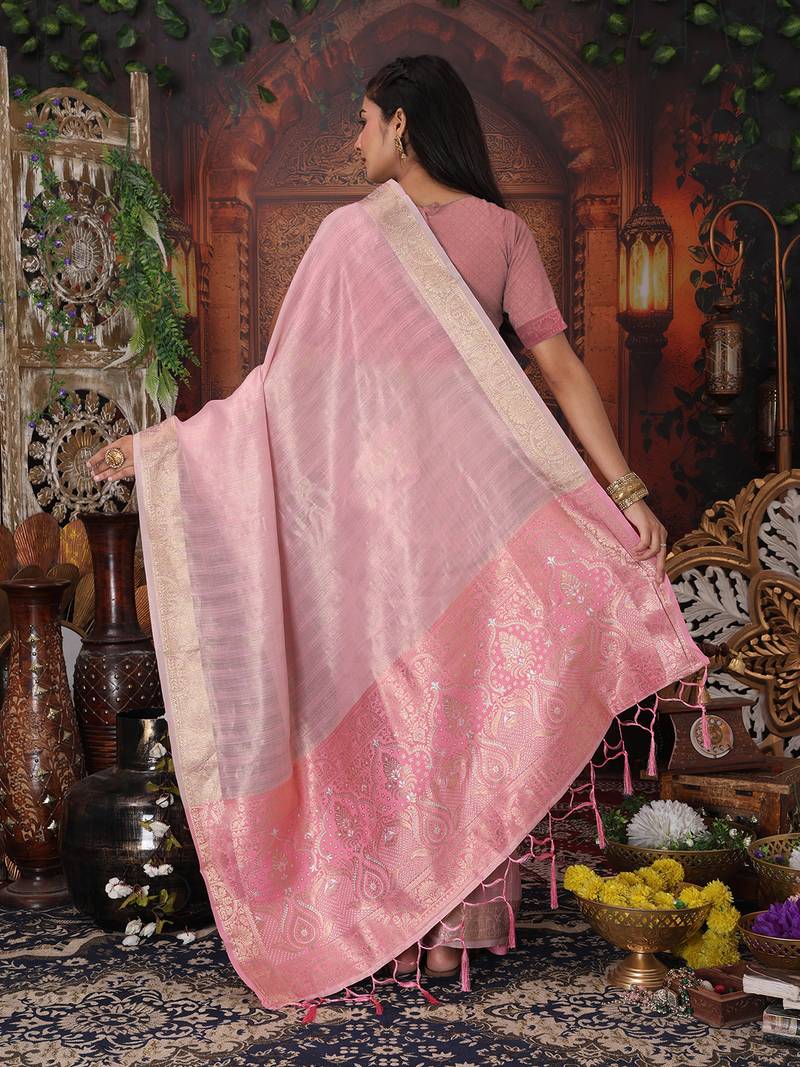 light pink color orgenza zari woven saree with blouse