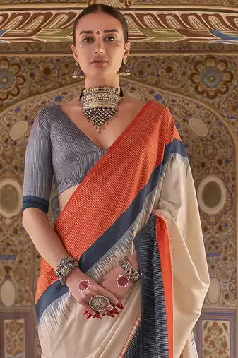 cream poly viscose silk blend stripes kanjeevaram zari weaving saree