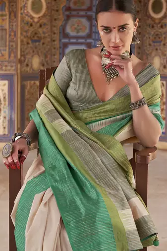 green poly viscose silk blend stripes kanjeevaram zari weaving saree
