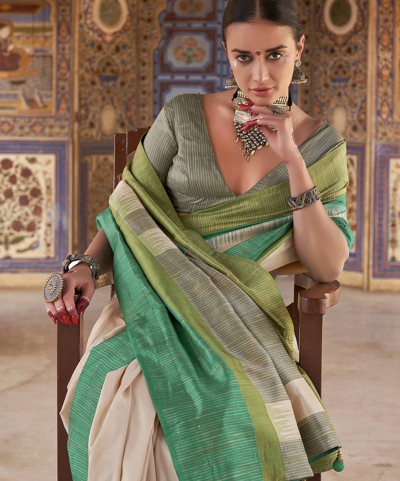 green poly viscose silk blend stripes kanjeevaram zari weaving saree